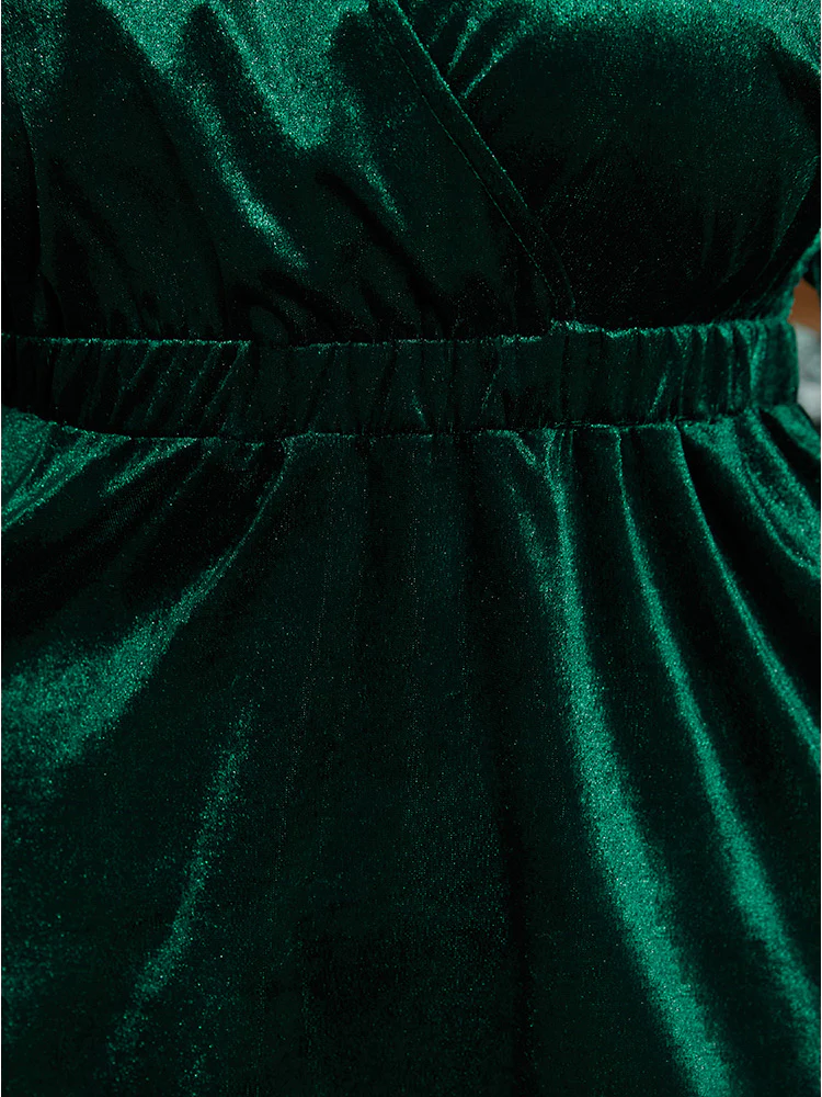 Solid Wrap Ruffle Lantern Sleeve Velvet Long Tee - Image 6
