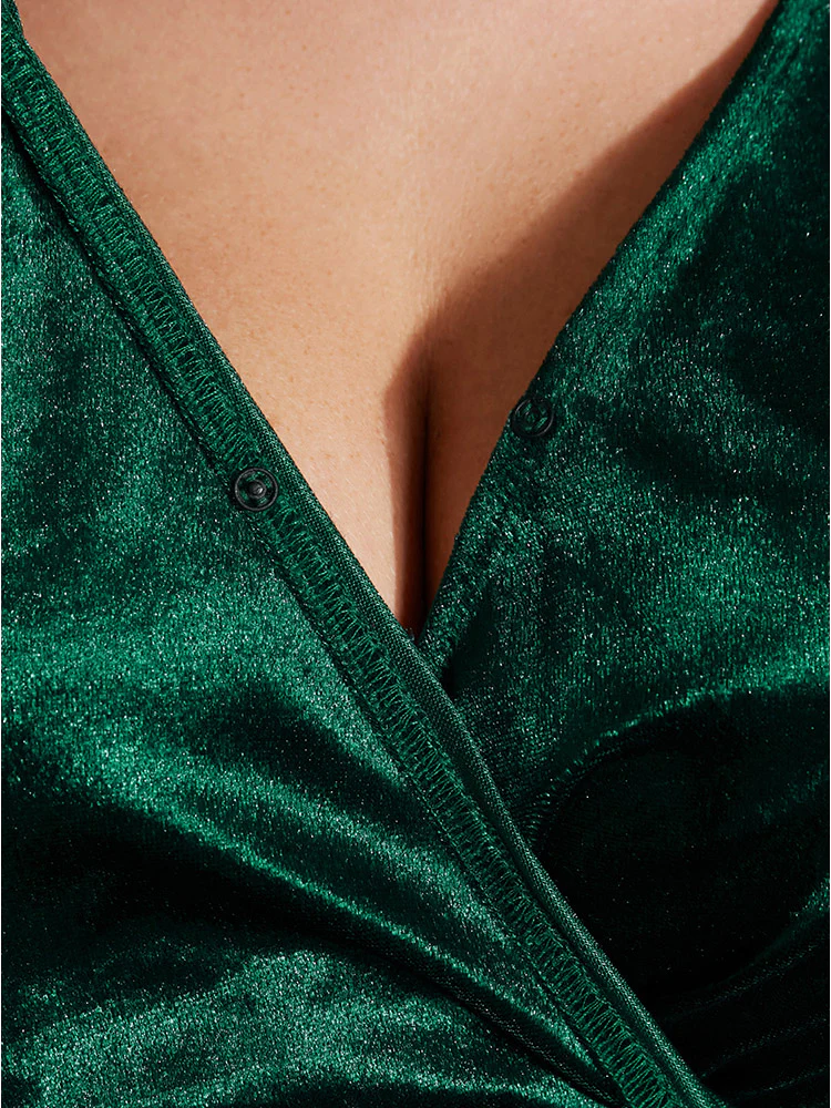 Solid Wrap Ruffle Lantern Sleeve Velvet Long Tee - Image 7