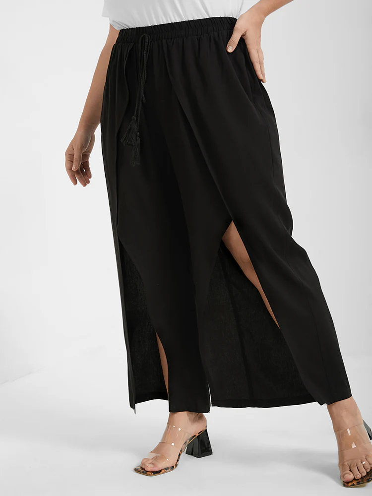 Solid Wrap Split Pocket Knot Waist Pants - Image 2