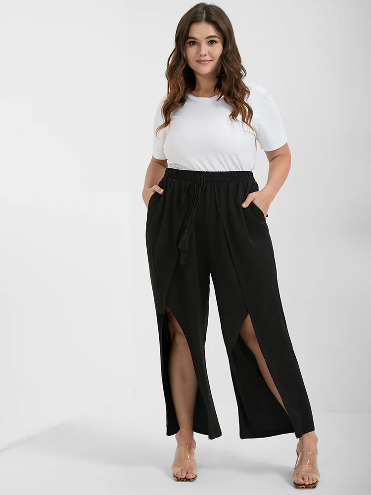 Solid Wrap Split Pocket Knot Waist Pants - Image 3