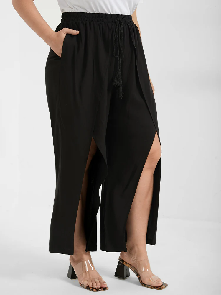 Solid Wrap Split Pocket Knot Waist Pants - Image 5