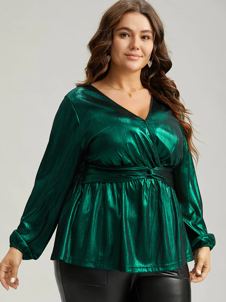 Solid Wrap Twist Front Gathered Blouse - Image 3