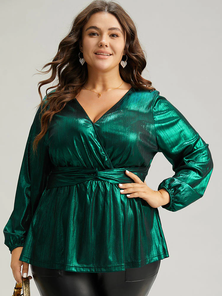 Solid Wrap Twist Front Gathered Blouse - Image 5
