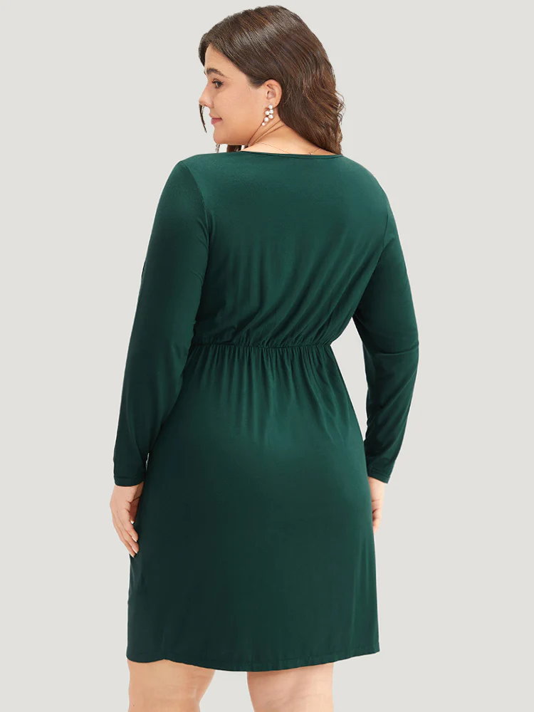 Solid Wrap Twist Front V Neck Dress - Image 2
