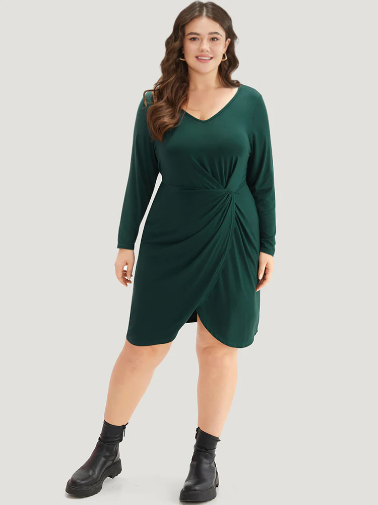 Solid Wrap Twist Front V Neck Dress - Image 4