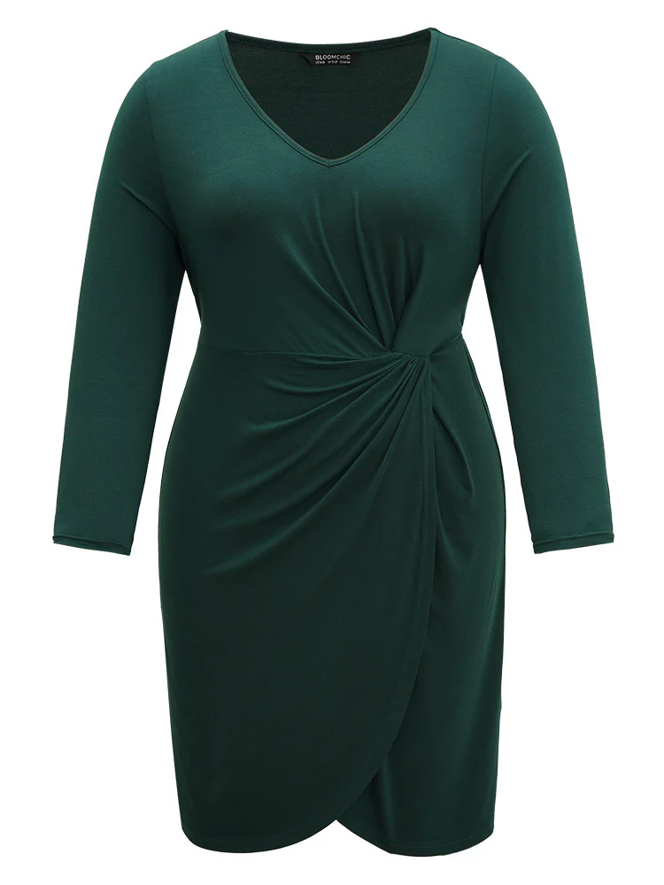 Solid Wrap Twist Front V Neck Dress - Image 8
