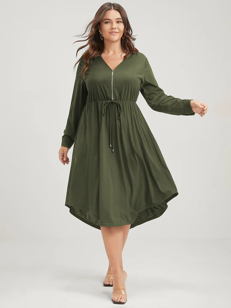 Solid Zipper Pocket Flutter Drawstring Asymmetrical Hem Dress