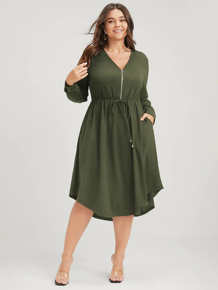 Solid Zipper Pocket Flutter Drawstring Asymmetrical Hem Dress - Image 2