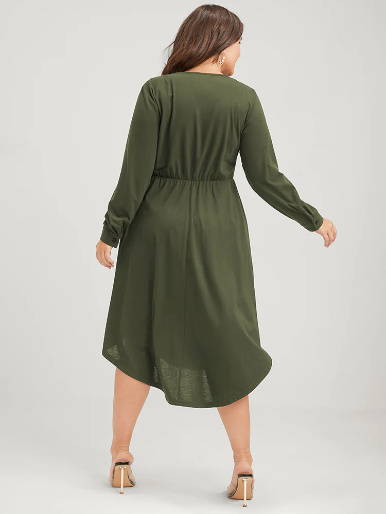 Solid Zipper Pocket Flutter Drawstring Asymmetrical Hem Dress - Image 3