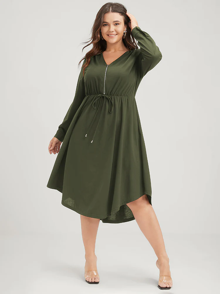 Solid Zipper Pocket Flutter Drawstring Asymmetrical Hem Dress - Image 4