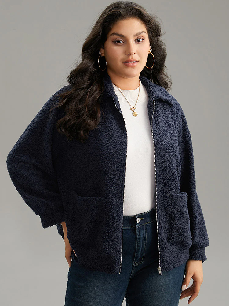 Solid Zipper Pocket Teddy Jacket - Image 2