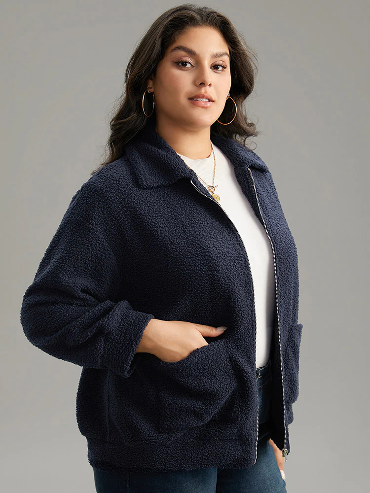 Solid Zipper Pocket Teddy Jacket - Image 4