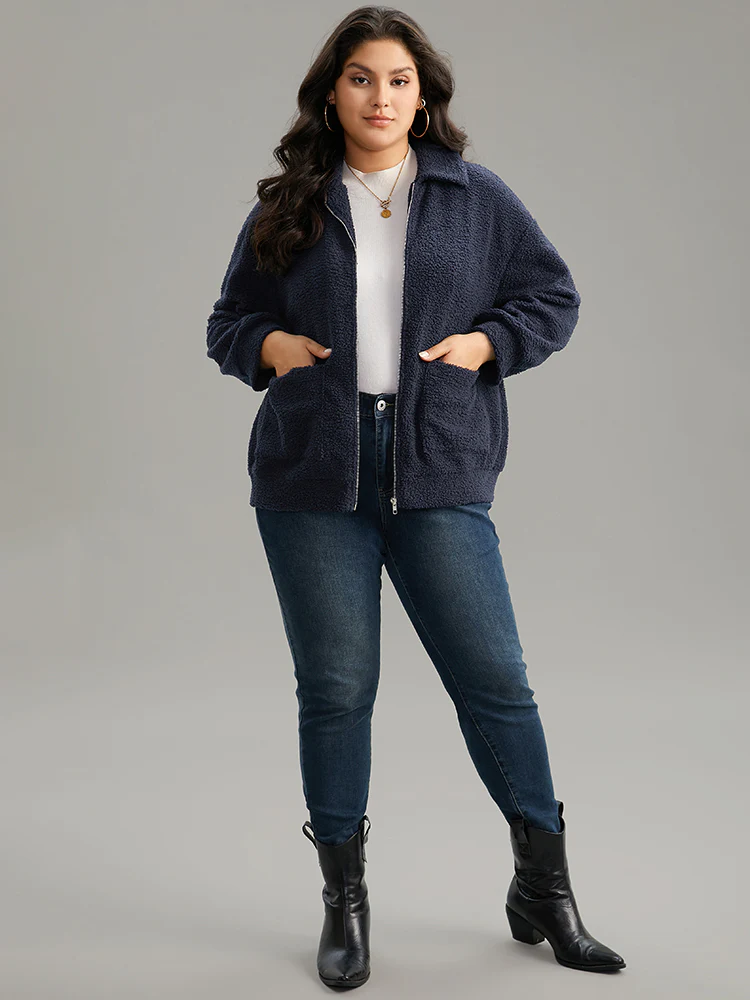 Solid Zipper Pocket Teddy Jacket - Image 5