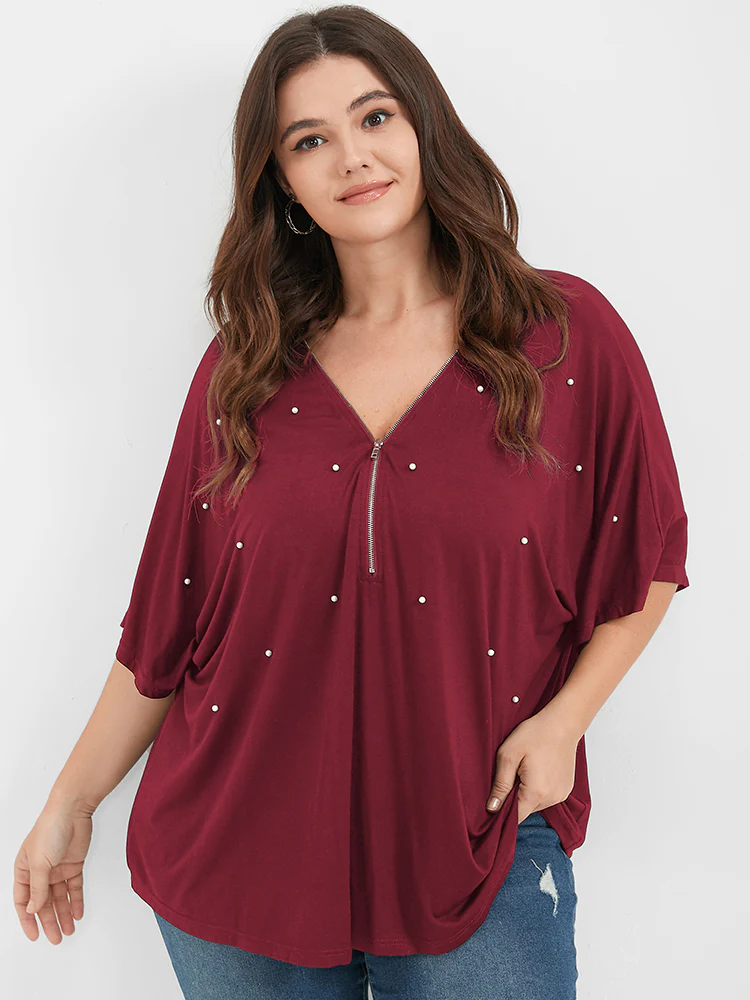 Solid Zipper V Neck Pearl Beaded Modal T-shirt