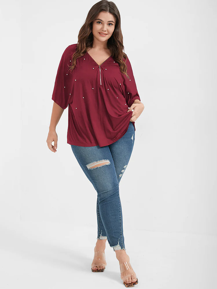 Solid Zipper V Neck Pearl Beaded Modal T-shirt - Image 2