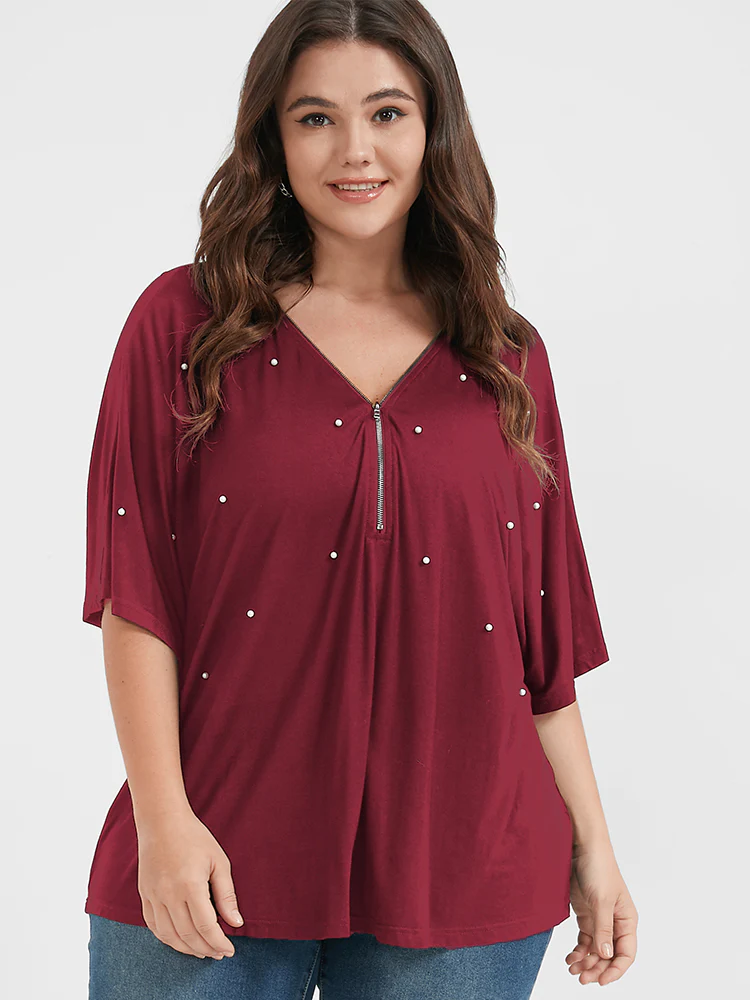 Solid Zipper V Neck Pearl Beaded Modal T-shirt - Image 3