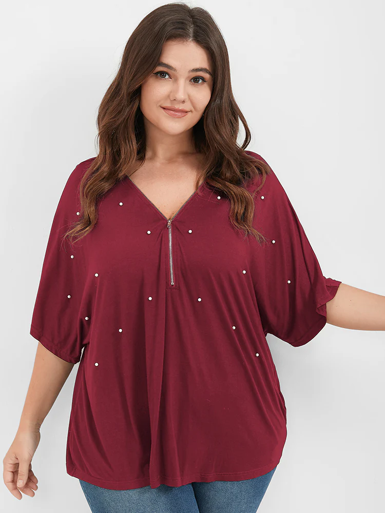 Solid Zipper V Neck Pearl Beaded Modal T-shirt - Image 4