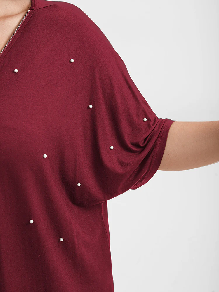 Solid Zipper V Neck Pearl Beaded Modal T-shirt - Image 6