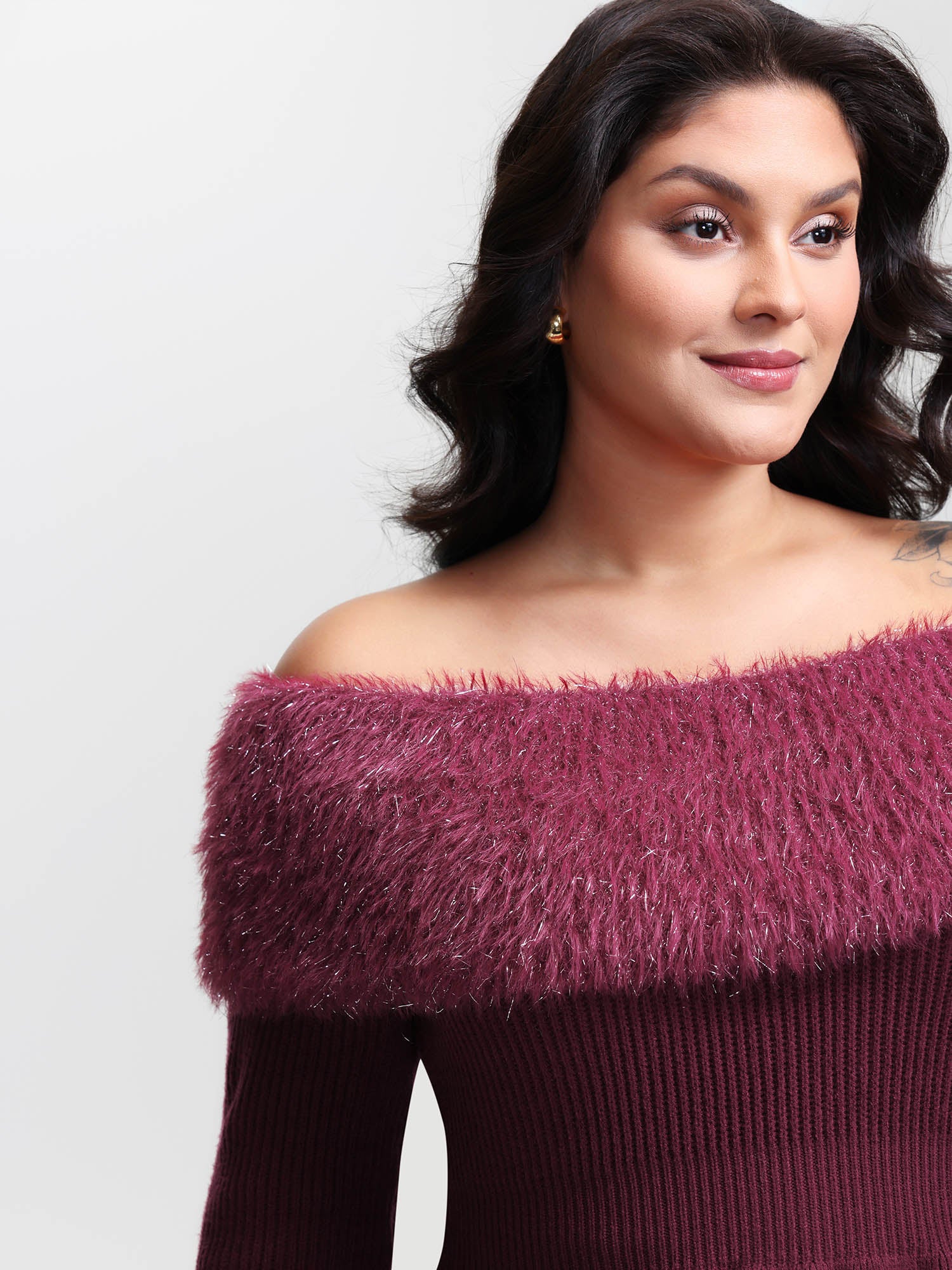 Sparkly Fur Off-Shoulder A-Line Pullover - Image 2