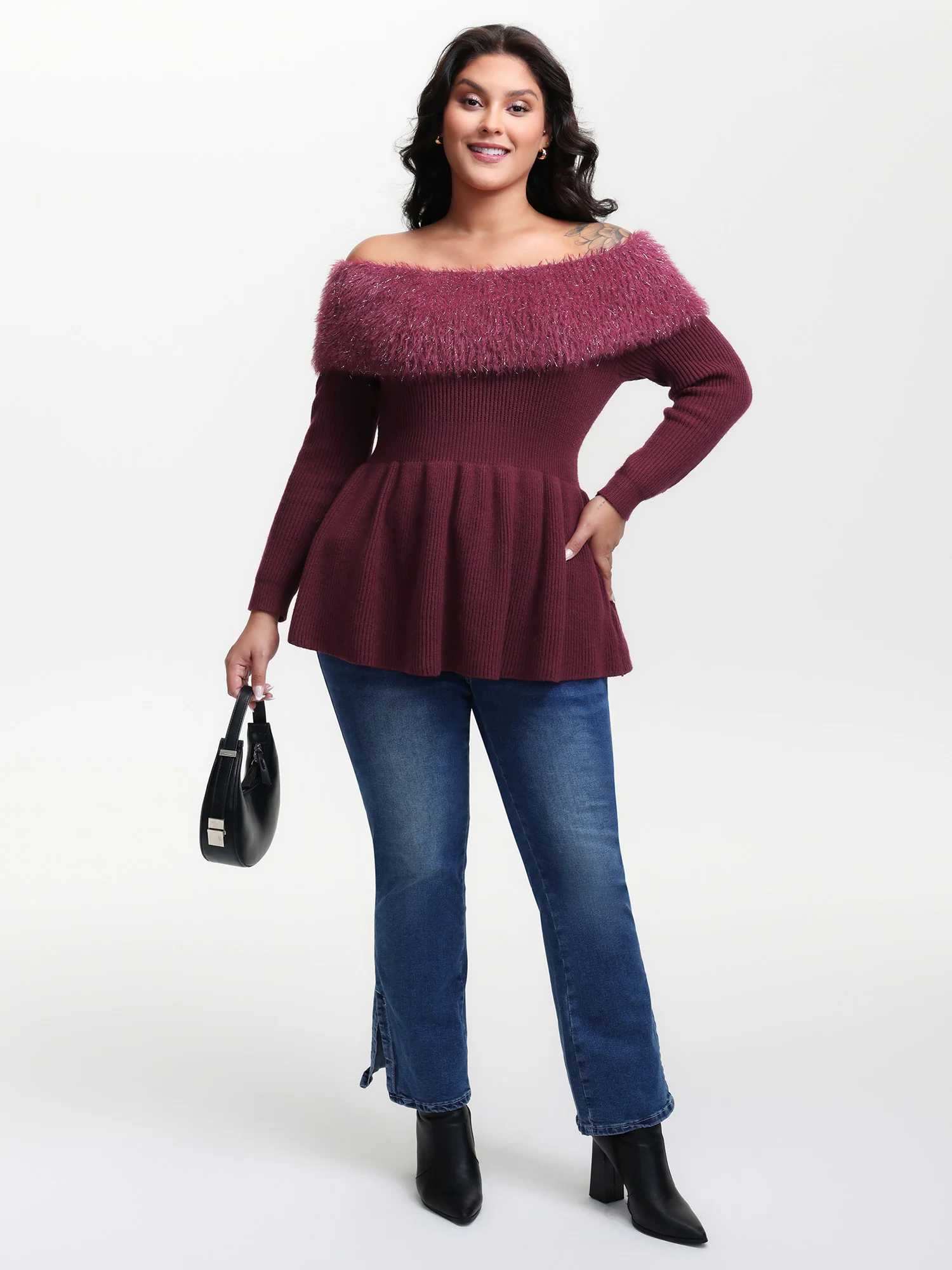 Sparkly Fur Off-Shoulder A-Line Pullover - Image 3