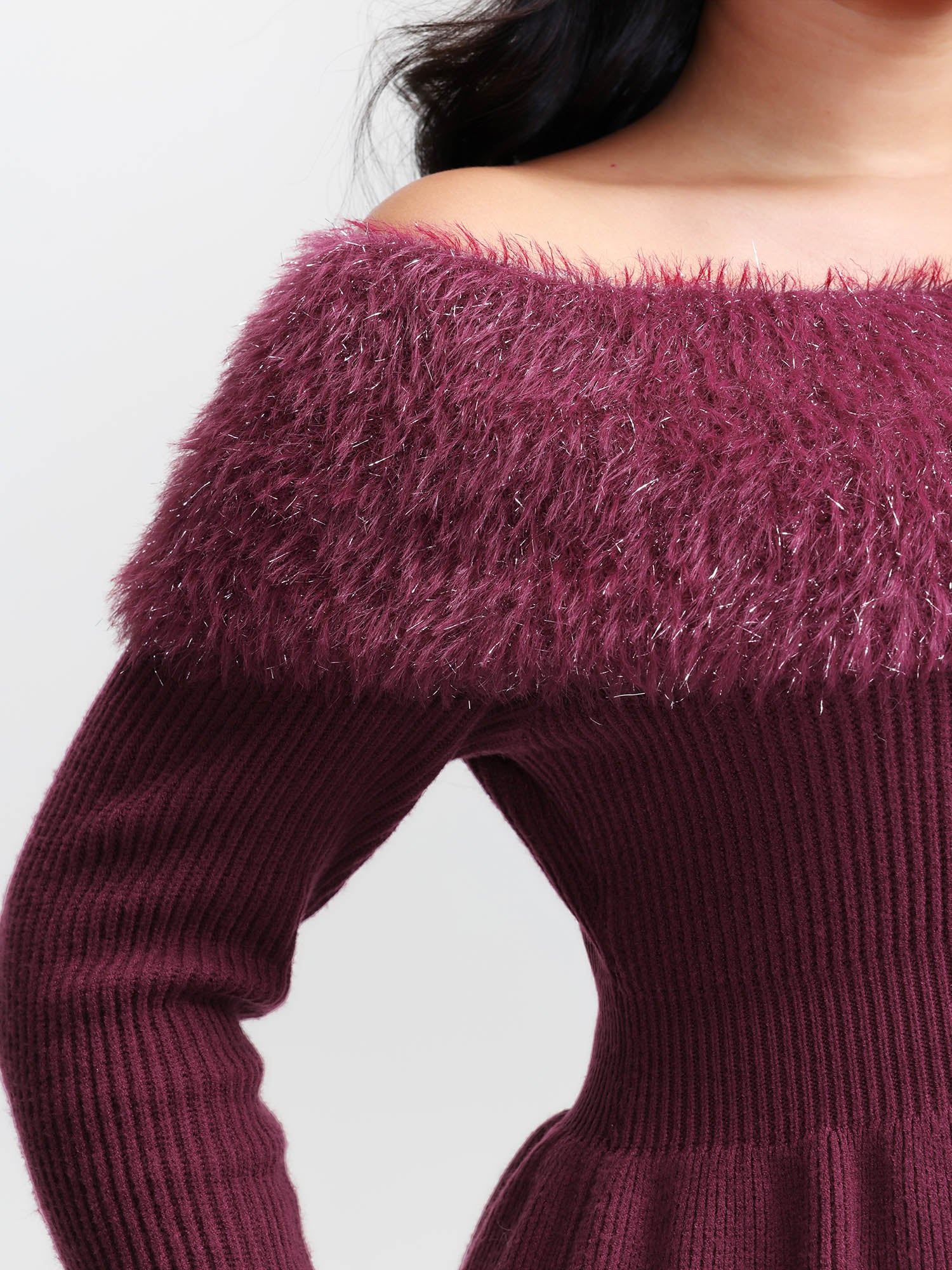 Sparkly Fur Off-Shoulder A-Line Pullover - Image 4