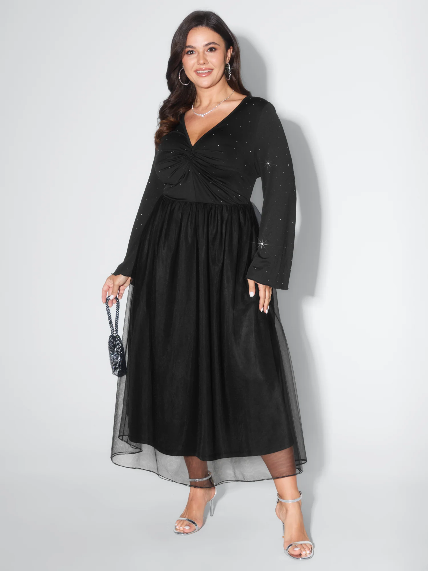 Sparkly Mesh Pockets Ruched Bodice Midi Dress - Image 3