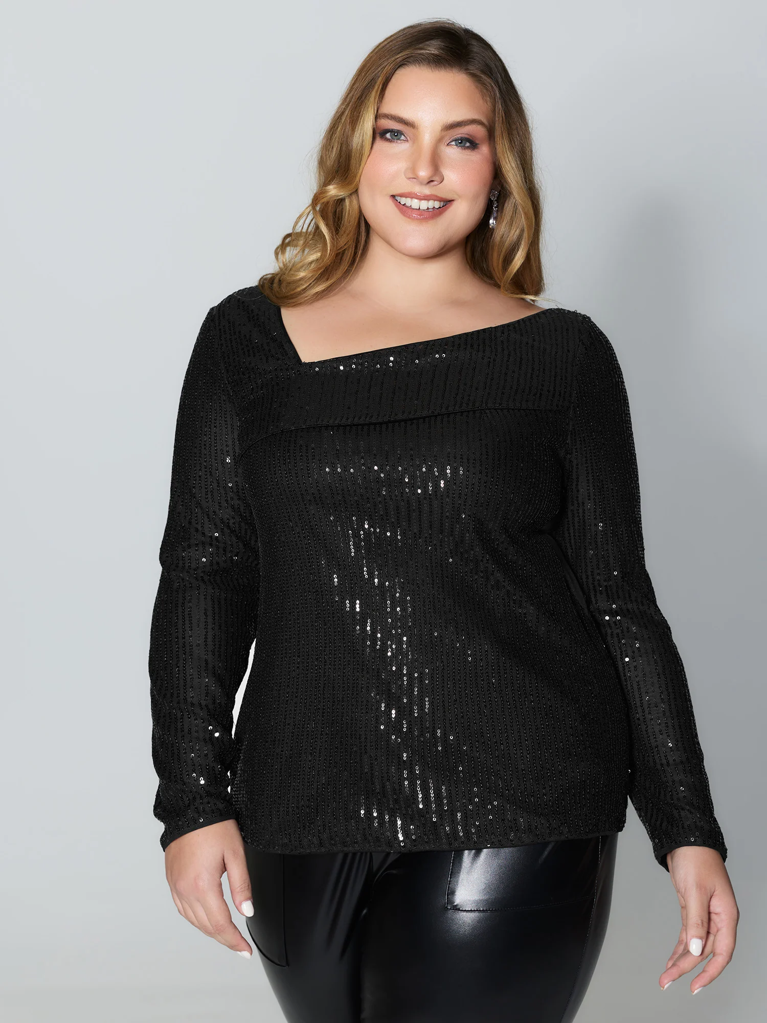 Sparkly Sequin Asymmetrical Neckline Blouse - Image 3
