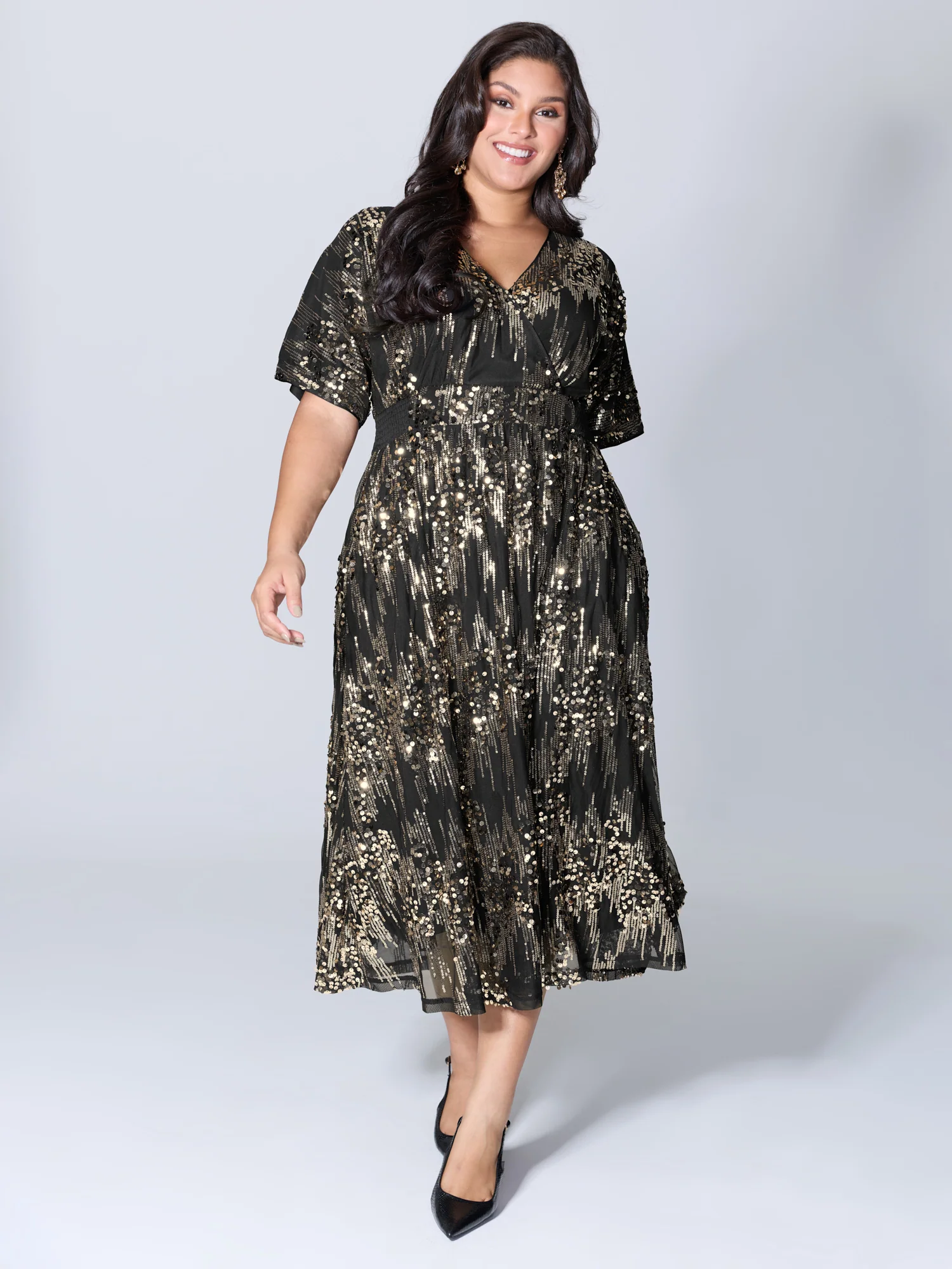 Sparkly Sequins Wrap Neck Midi Dress - Image 3