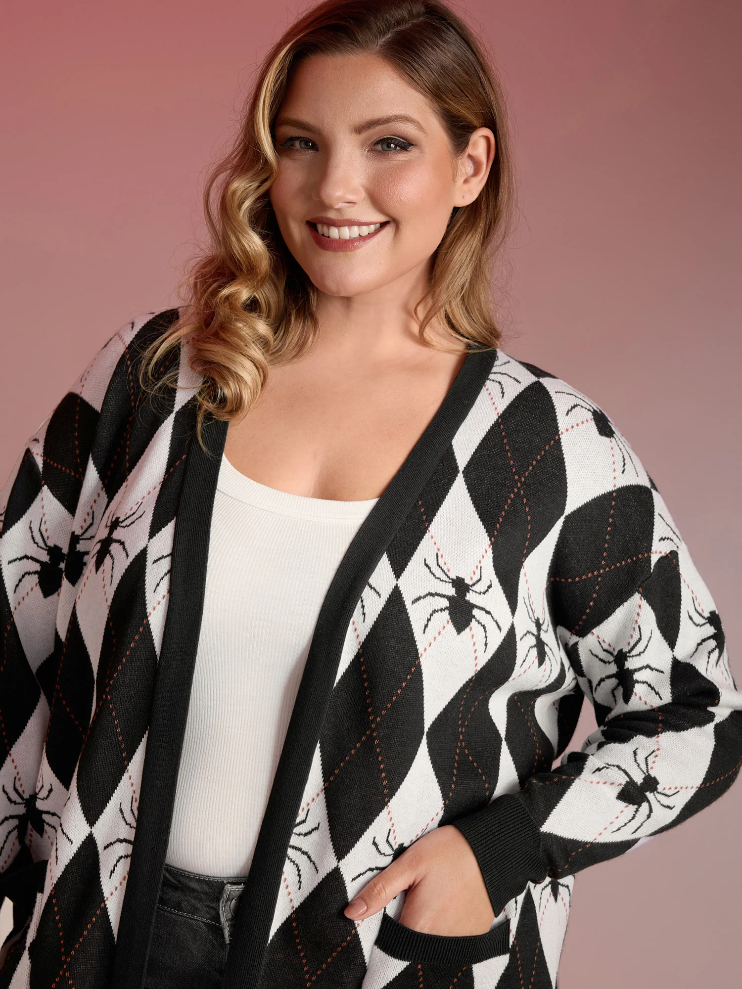 Spider Check Jacquard Pockets Knit Cardigan - Image 2