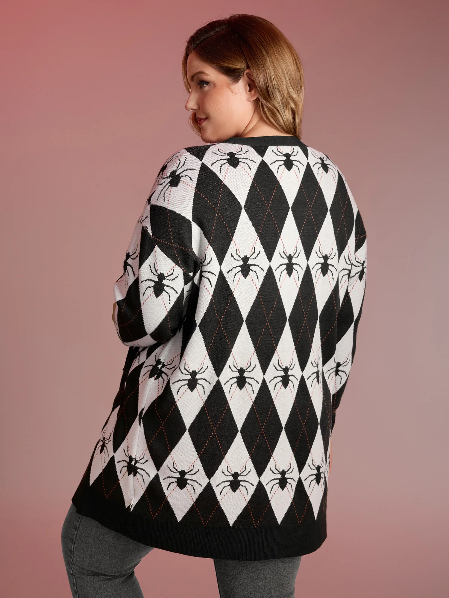Spider Check Jacquard Pockets Knit Cardigan - Image 4
