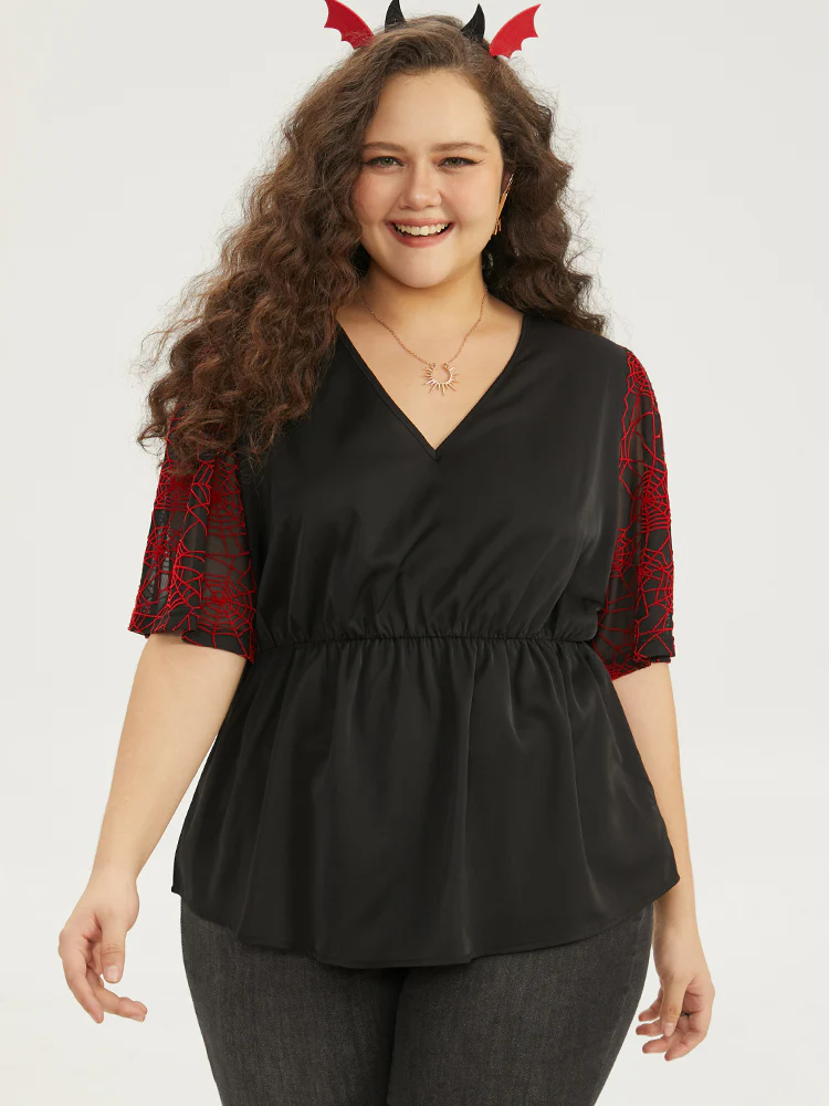 Halloween Spider Web Mesh Patchwork Elastic Waist Blouse - Image 2