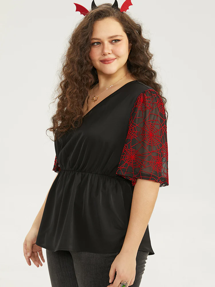 Halloween Spider Web Mesh Patchwork Elastic Waist Blouse - Image 3