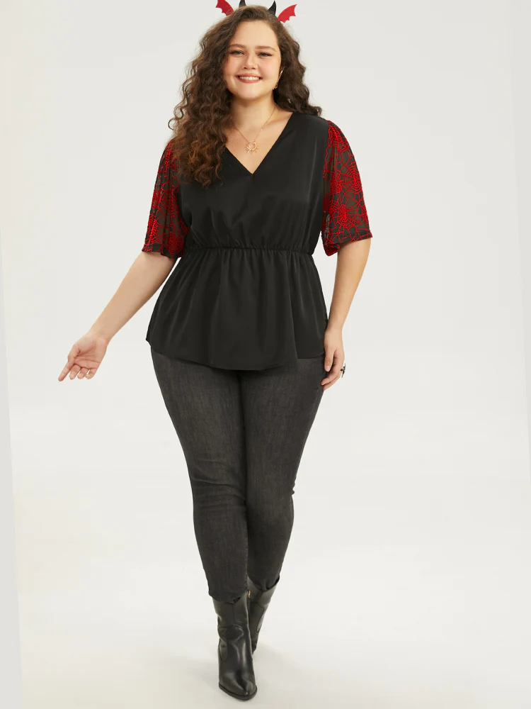 Halloween Spider Web Mesh Patchwork Elastic Waist Blouse - Image 4