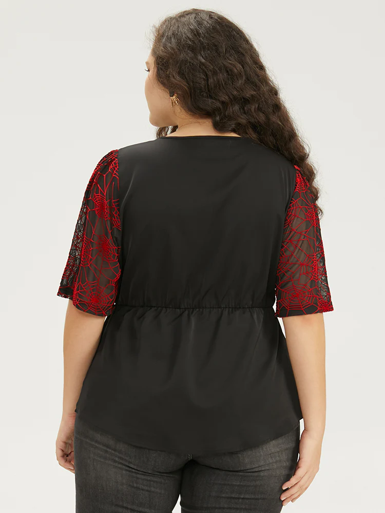 Halloween Spider Web Mesh Patchwork Elastic Waist Blouse - Image 5