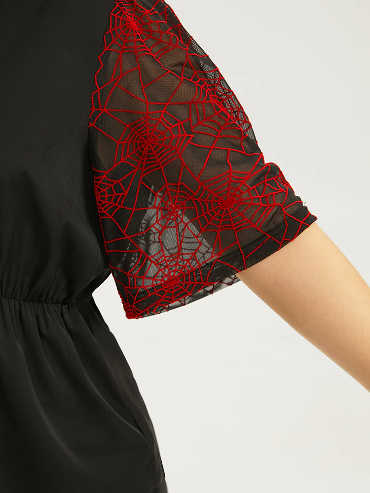 Halloween Spider Web Mesh Patchwork Elastic Waist Blouse - Image 7