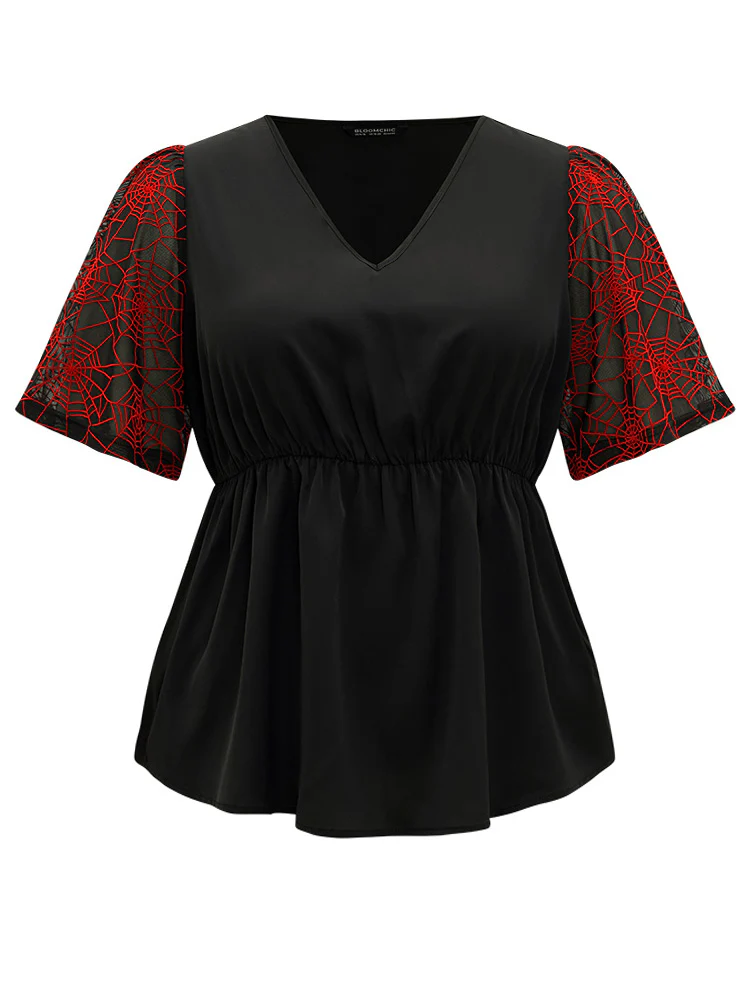 Halloween Spider Web Mesh Patchwork Elastic Waist Blouse - Image 8