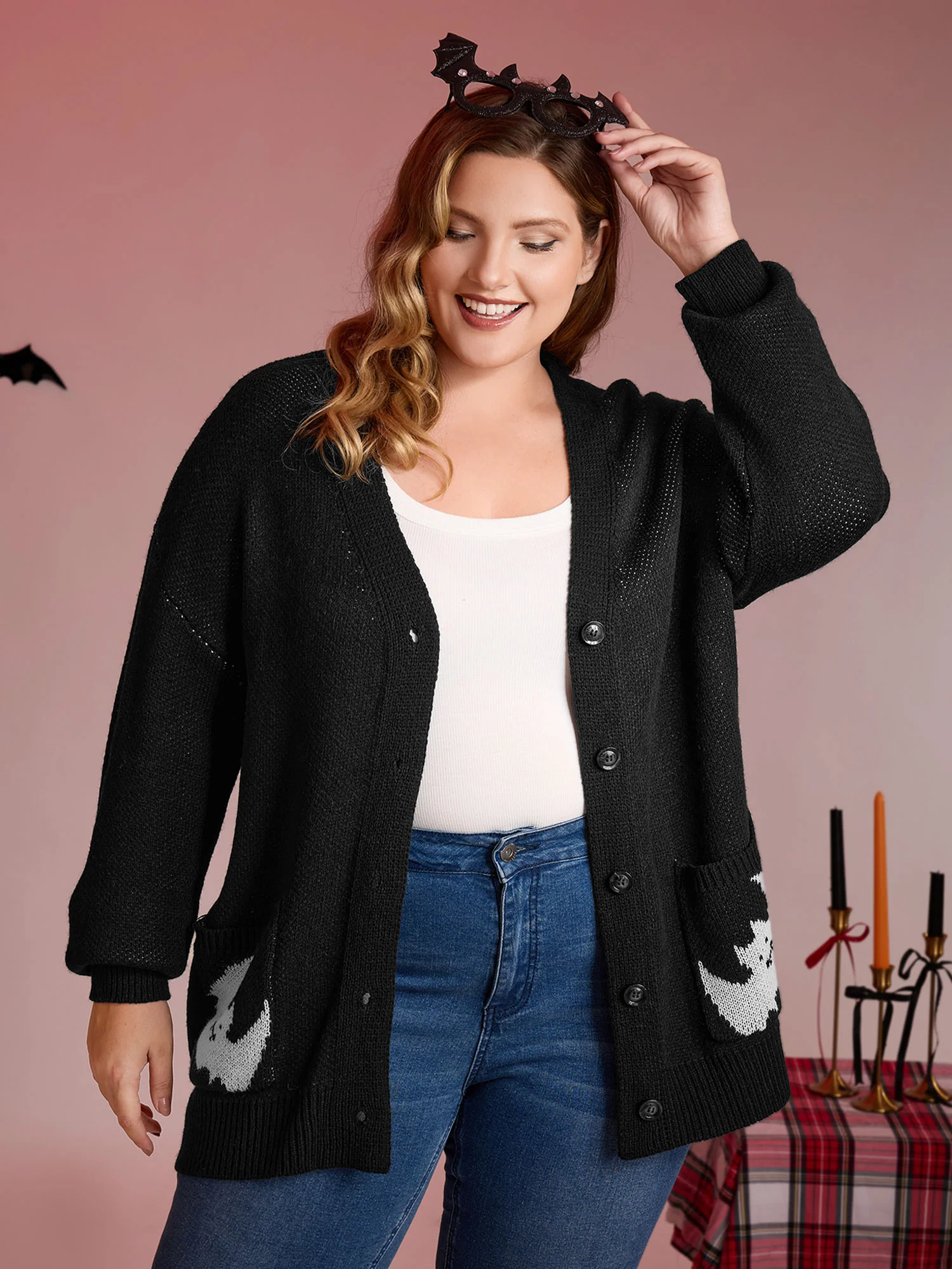 Spiderweb Bat Jacquard Pockets Knit Cardigan - Image 2