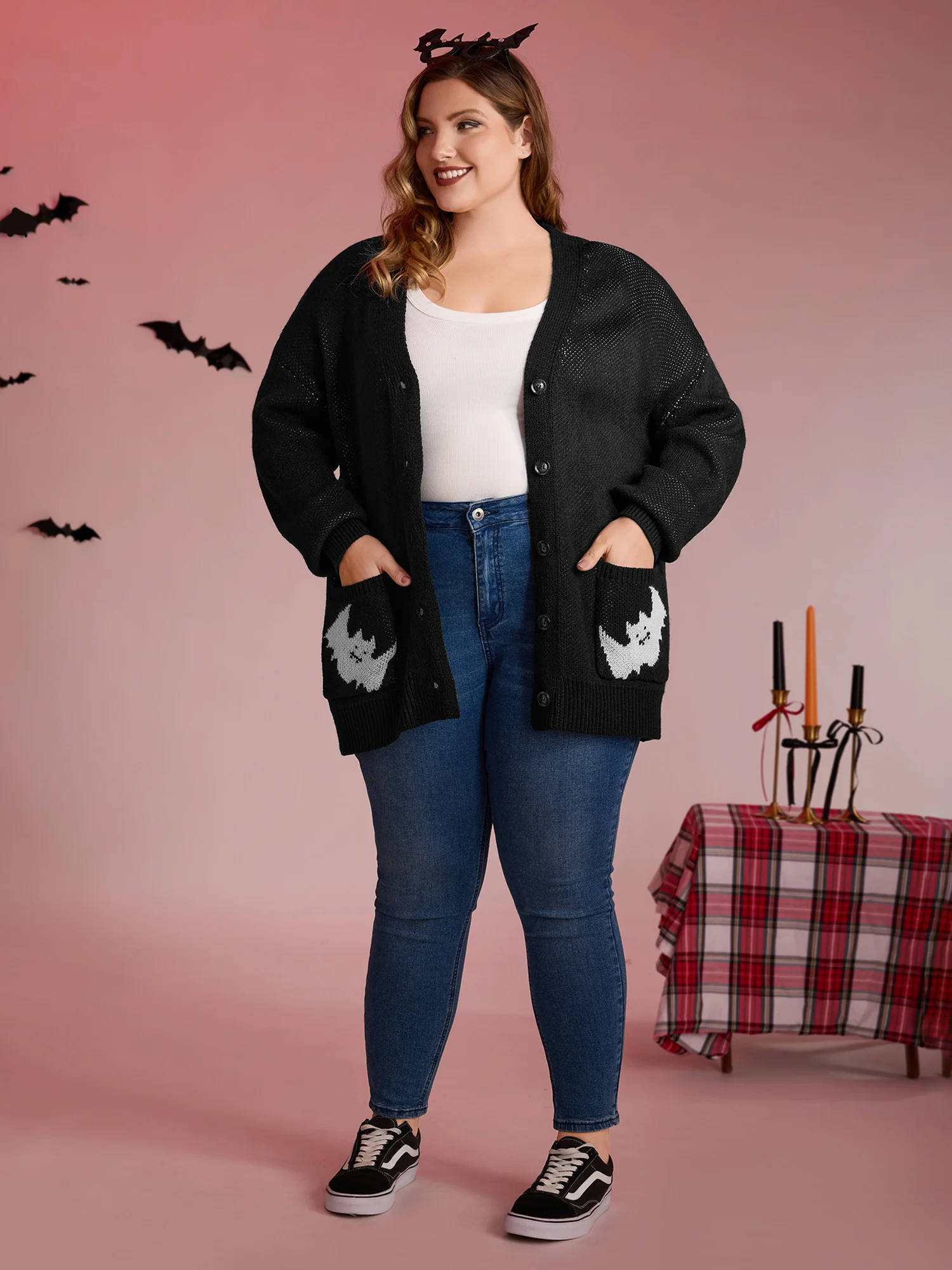Spiderweb Bat Jacquard Pockets Knit Cardigan - Image 3