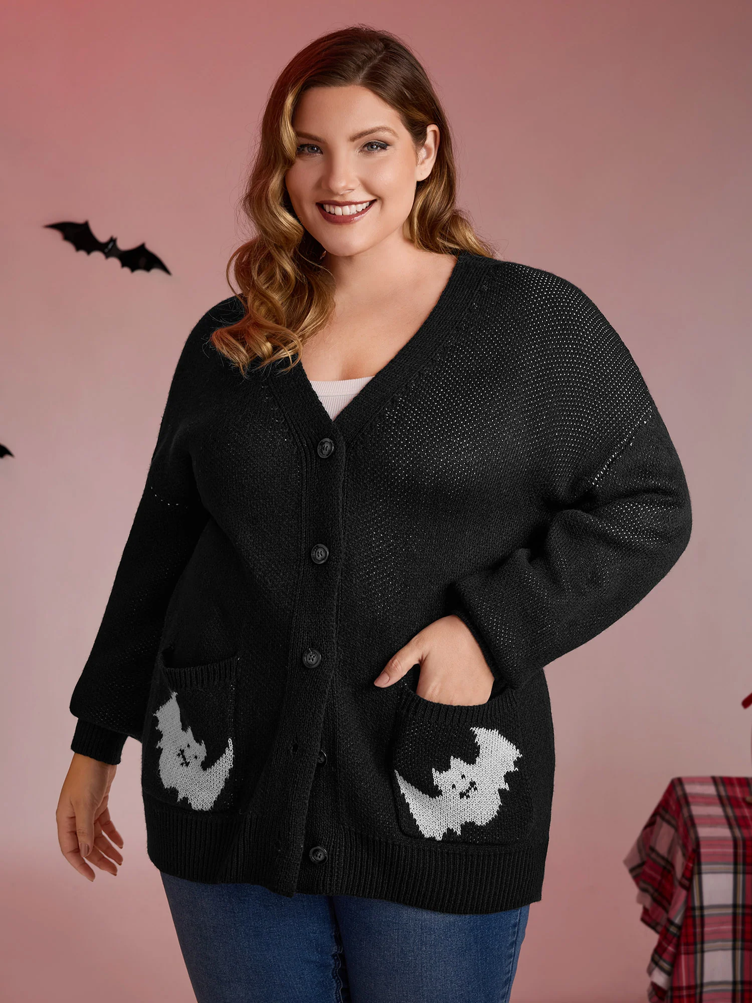 Spiderweb Bat Jacquard Pockets Knit Cardigan - Image 4