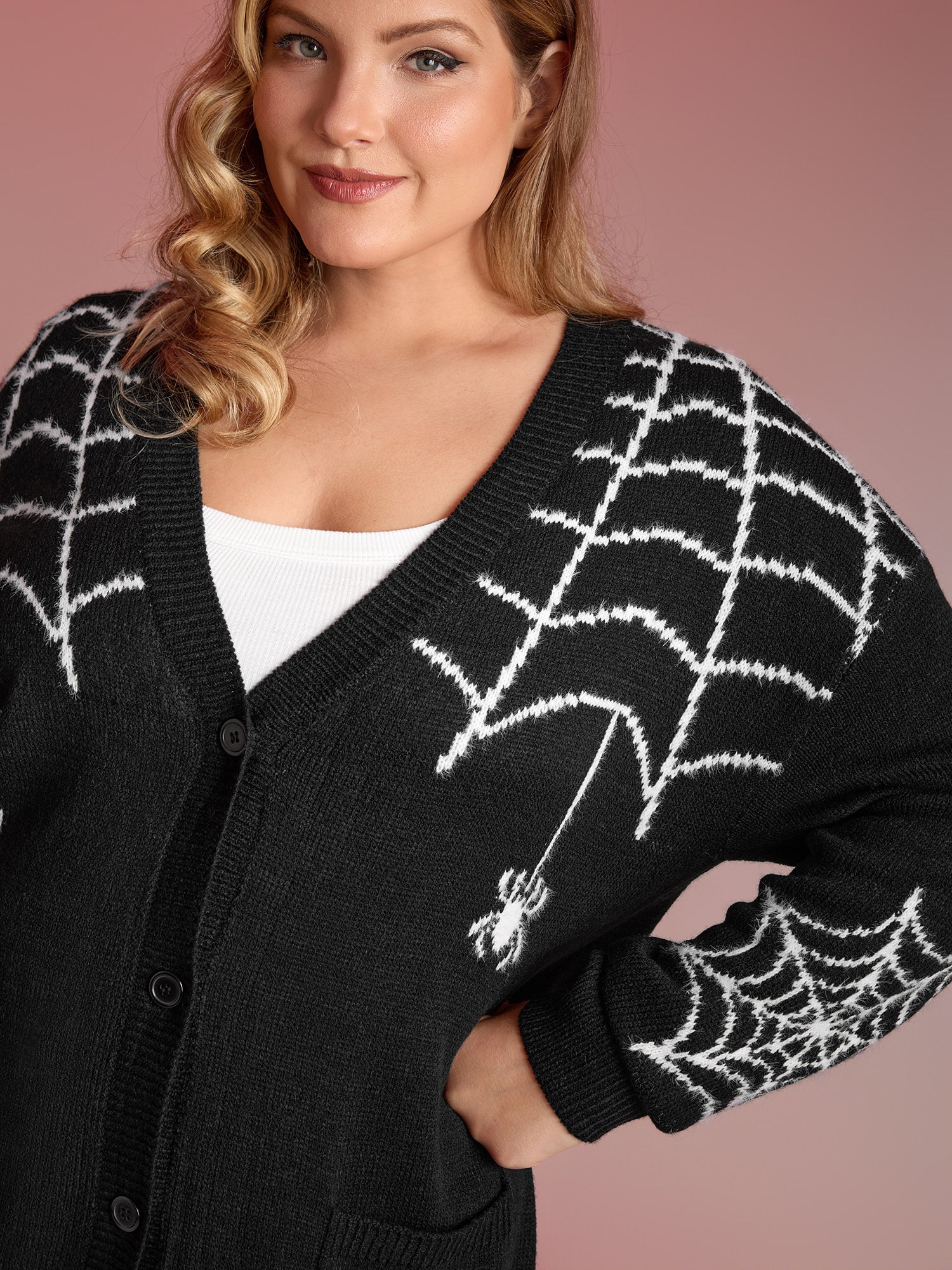 Spiderweb Jacquard Pockets Button Knit Cardigan - Image 4