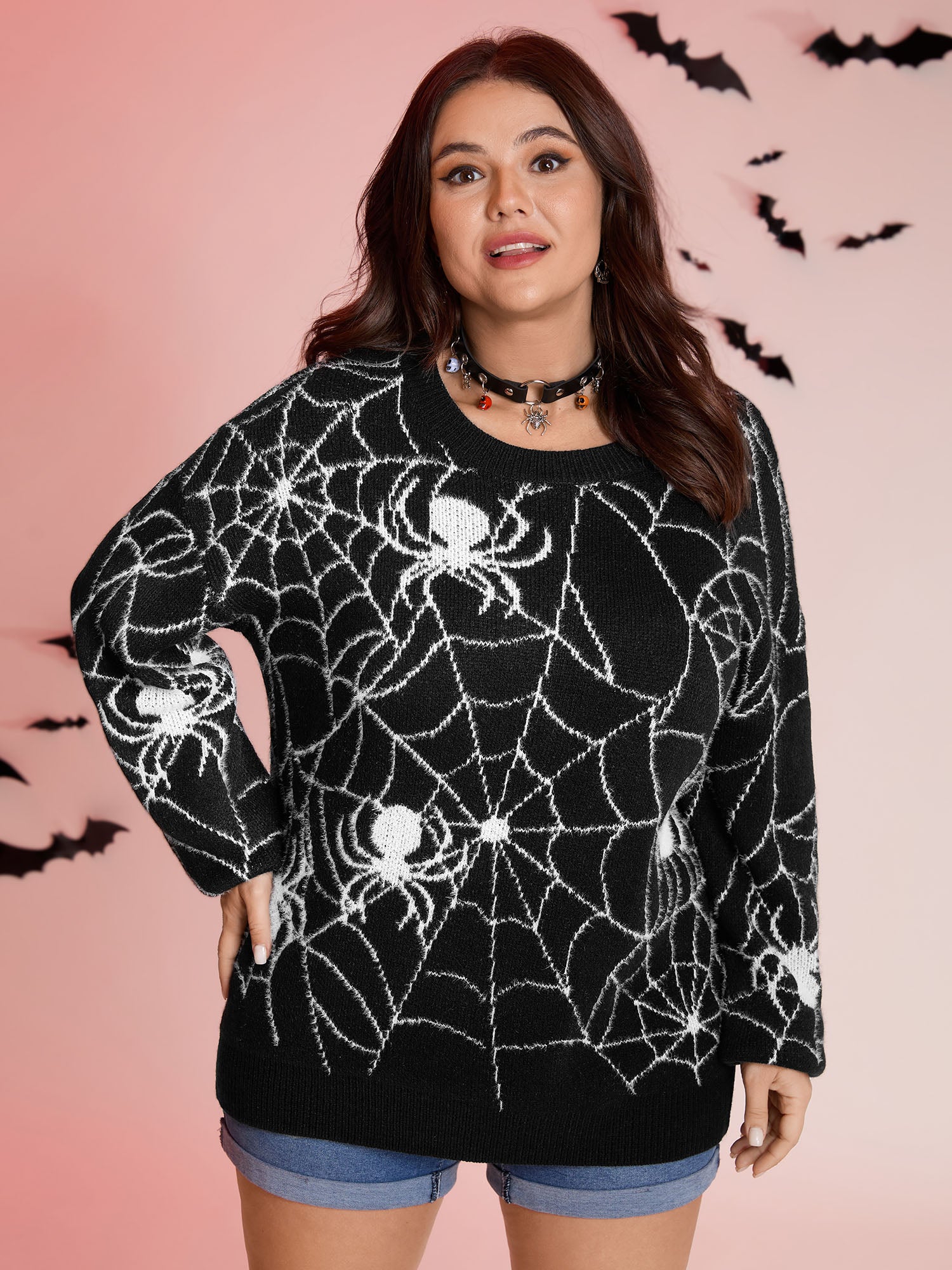 Spiderweb Jacquard Print Ribbed Pullover - Image 3
