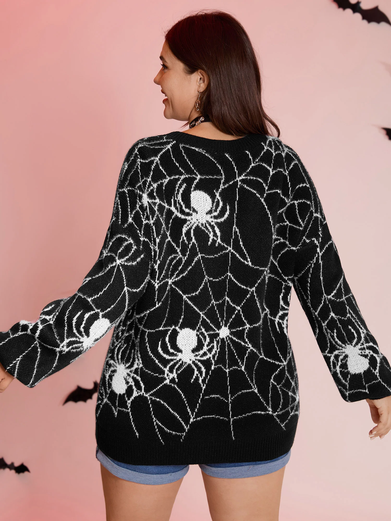 Spiderweb Jacquard Print Ribbed Pullover - Image 4