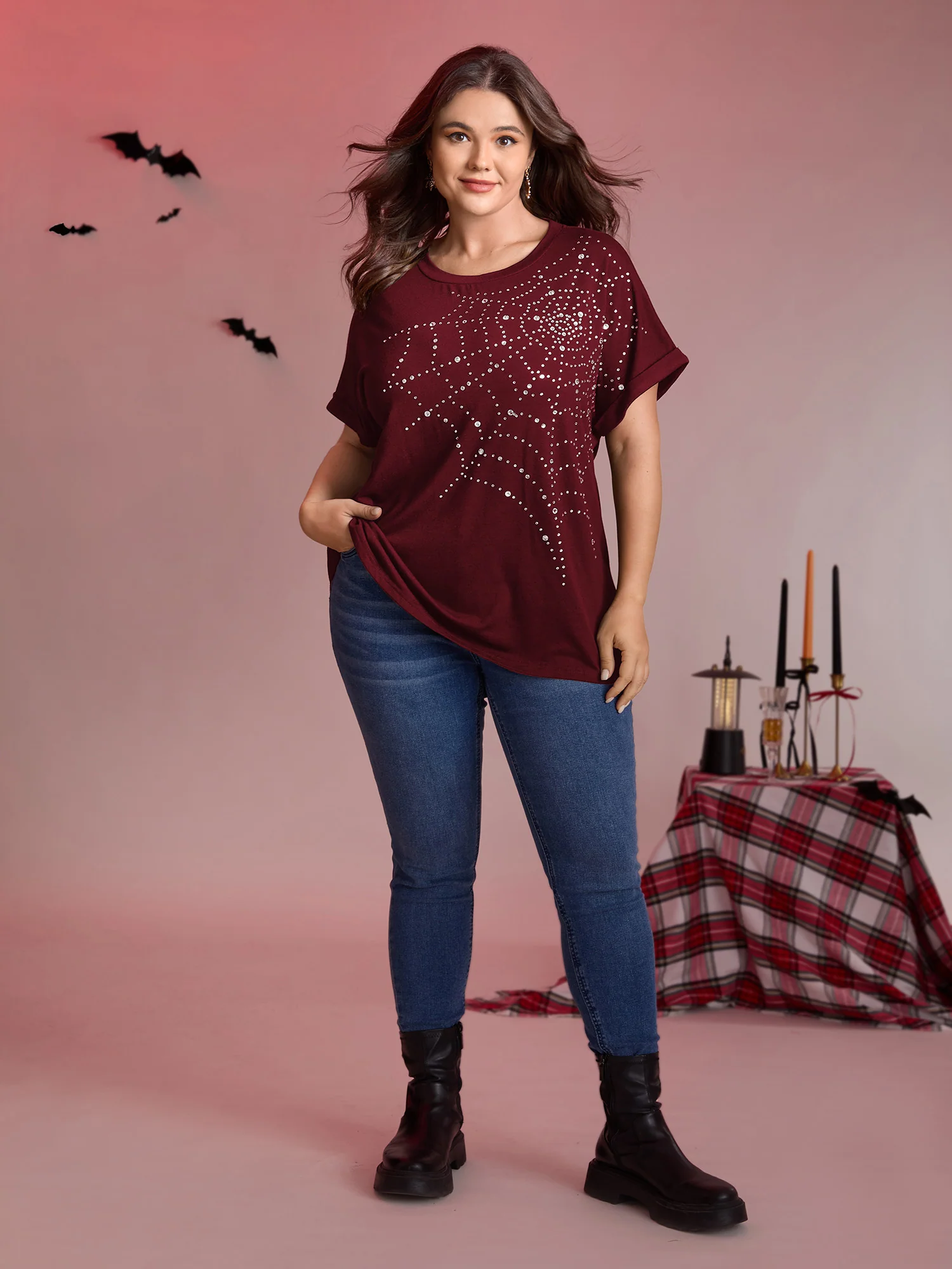 Spiderweb Rhinestone Stretchy Solid T-Shirt - Image 10