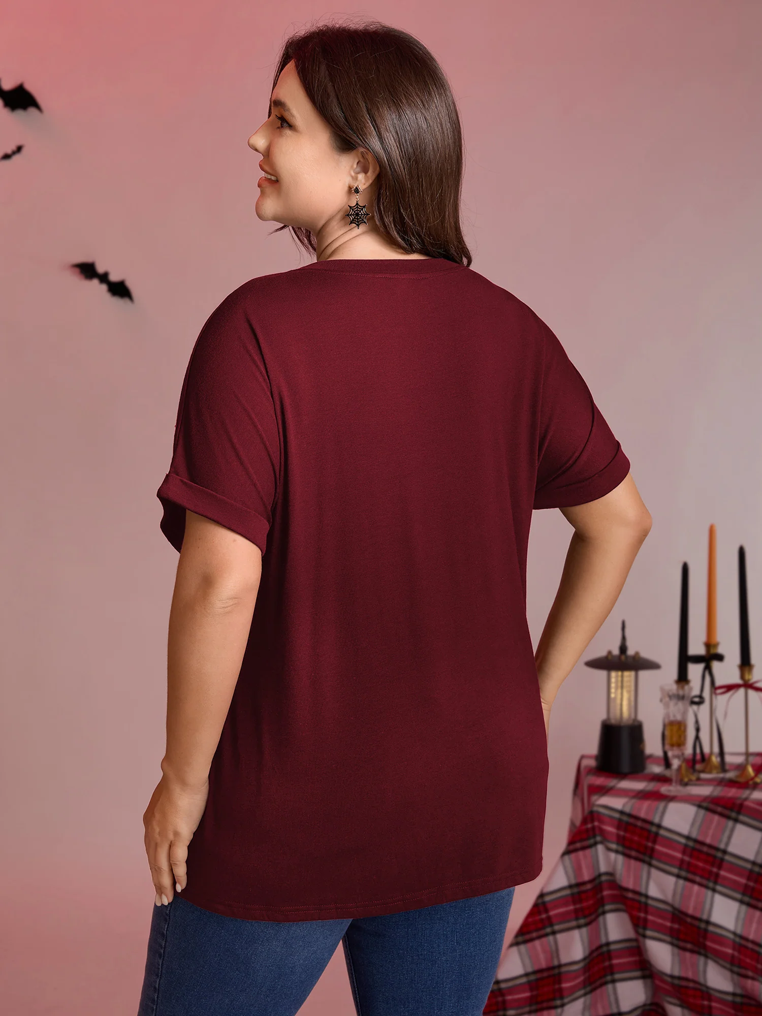 Spiderweb Rhinestone Stretchy Solid T-Shirt - Image 11