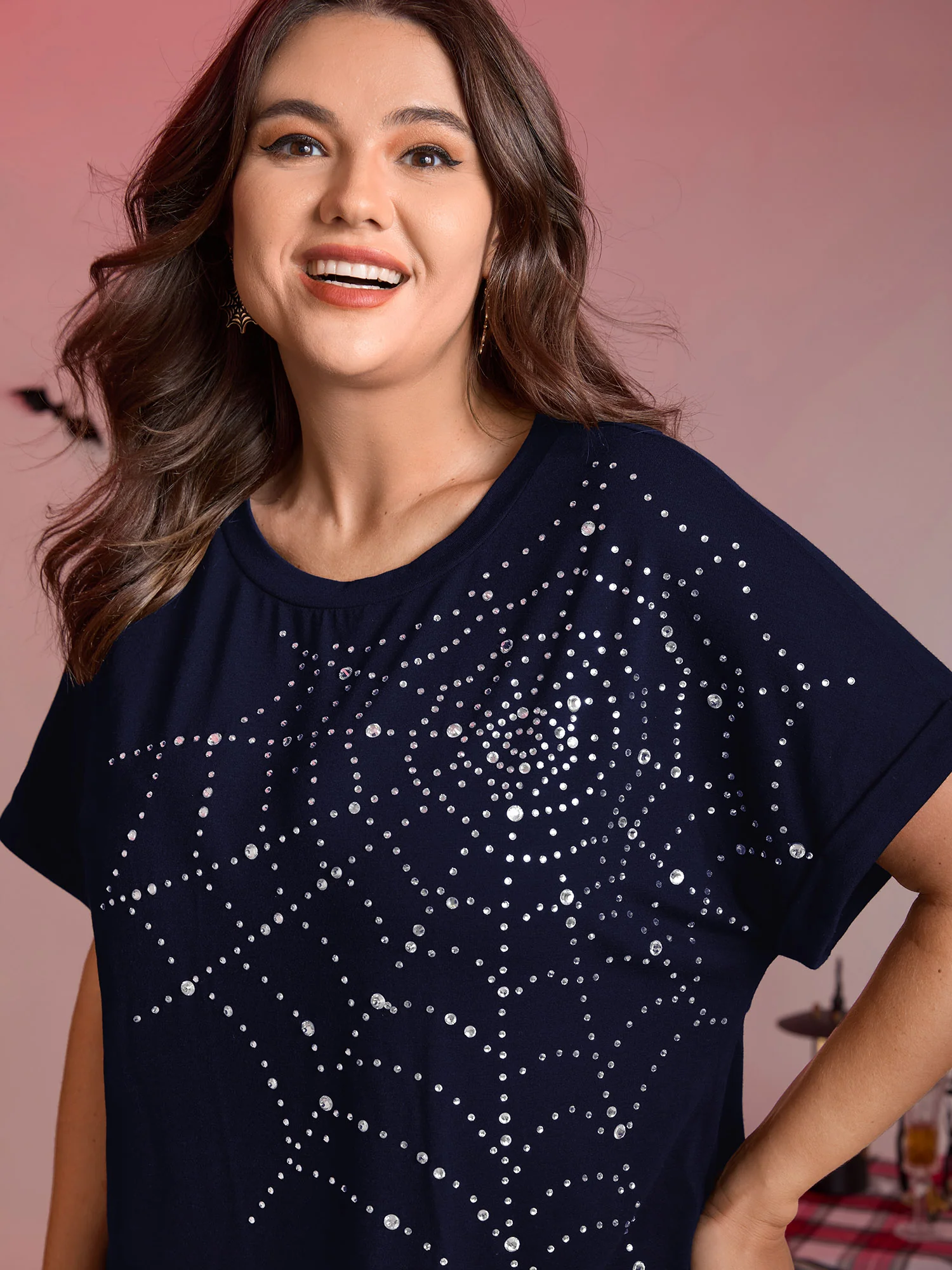 Spiderweb Rhinestone Stretchy Solid T-Shirt - Image 12