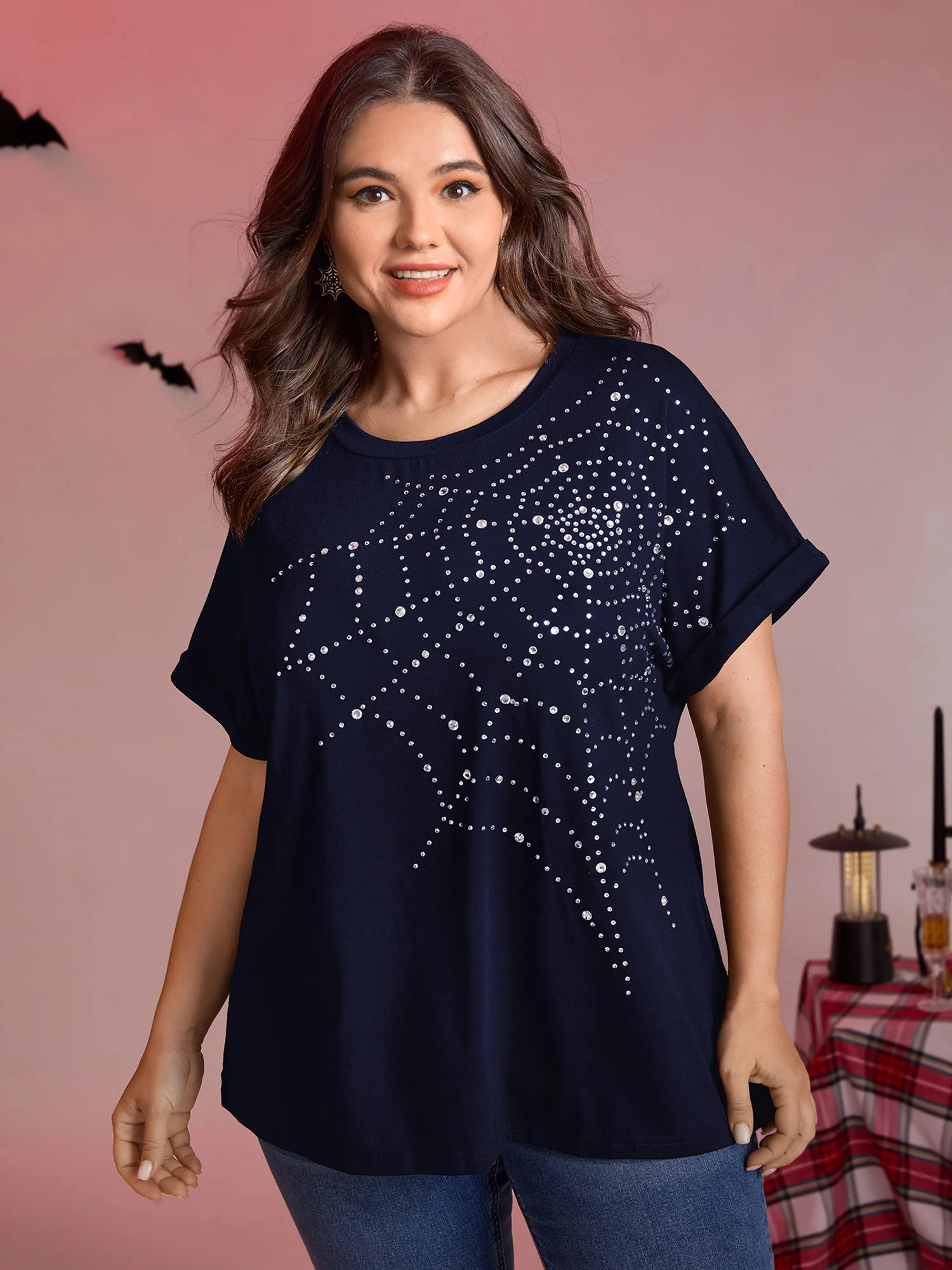 Spiderweb Rhinestone Stretchy Solid T-Shirt - Image 13