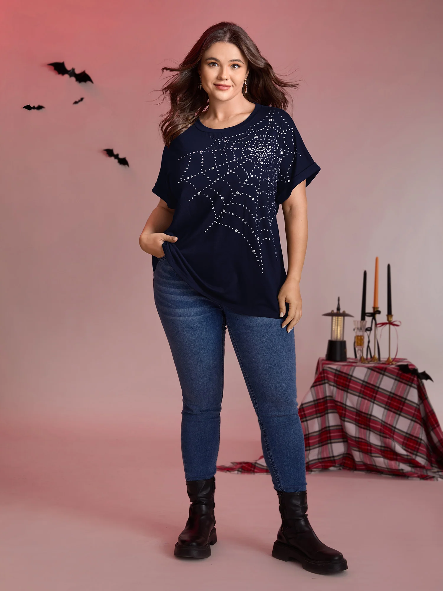 Spiderweb Rhinestone Stretchy Solid T-Shirt - Image 14