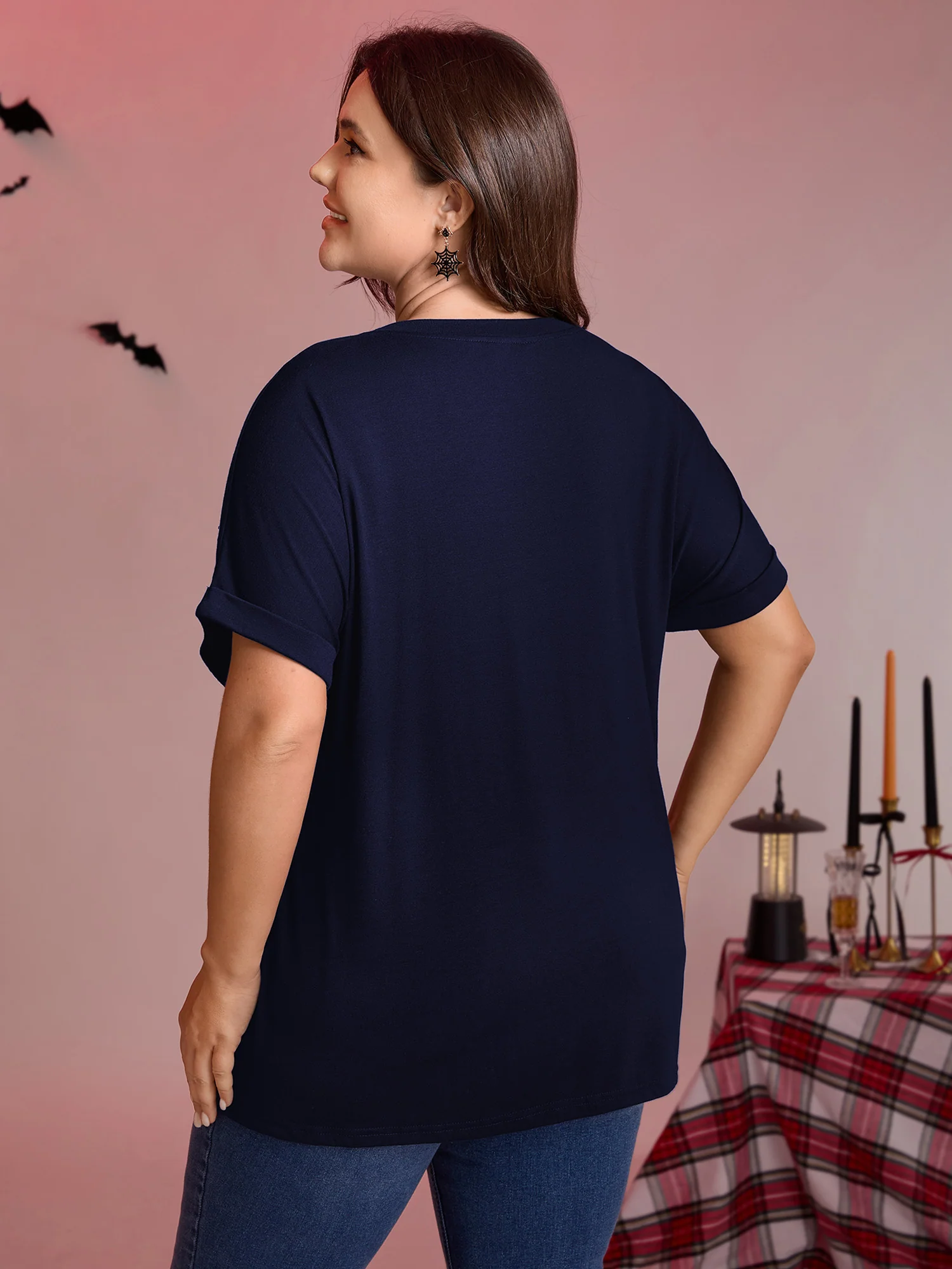 Spiderweb Rhinestone Stretchy Solid T-Shirt - Image 15
