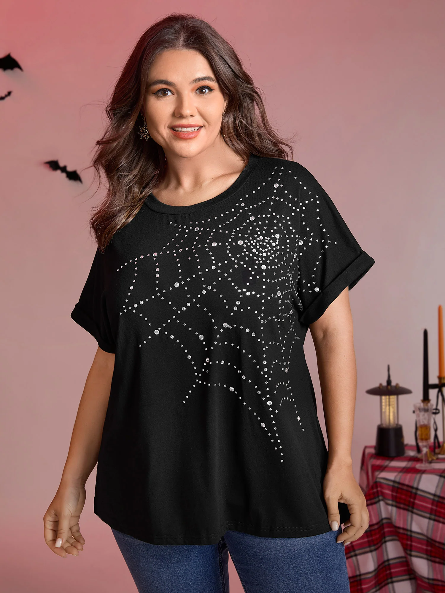 Spiderweb Rhinestone Stretchy Solid T-Shirt - Image 2