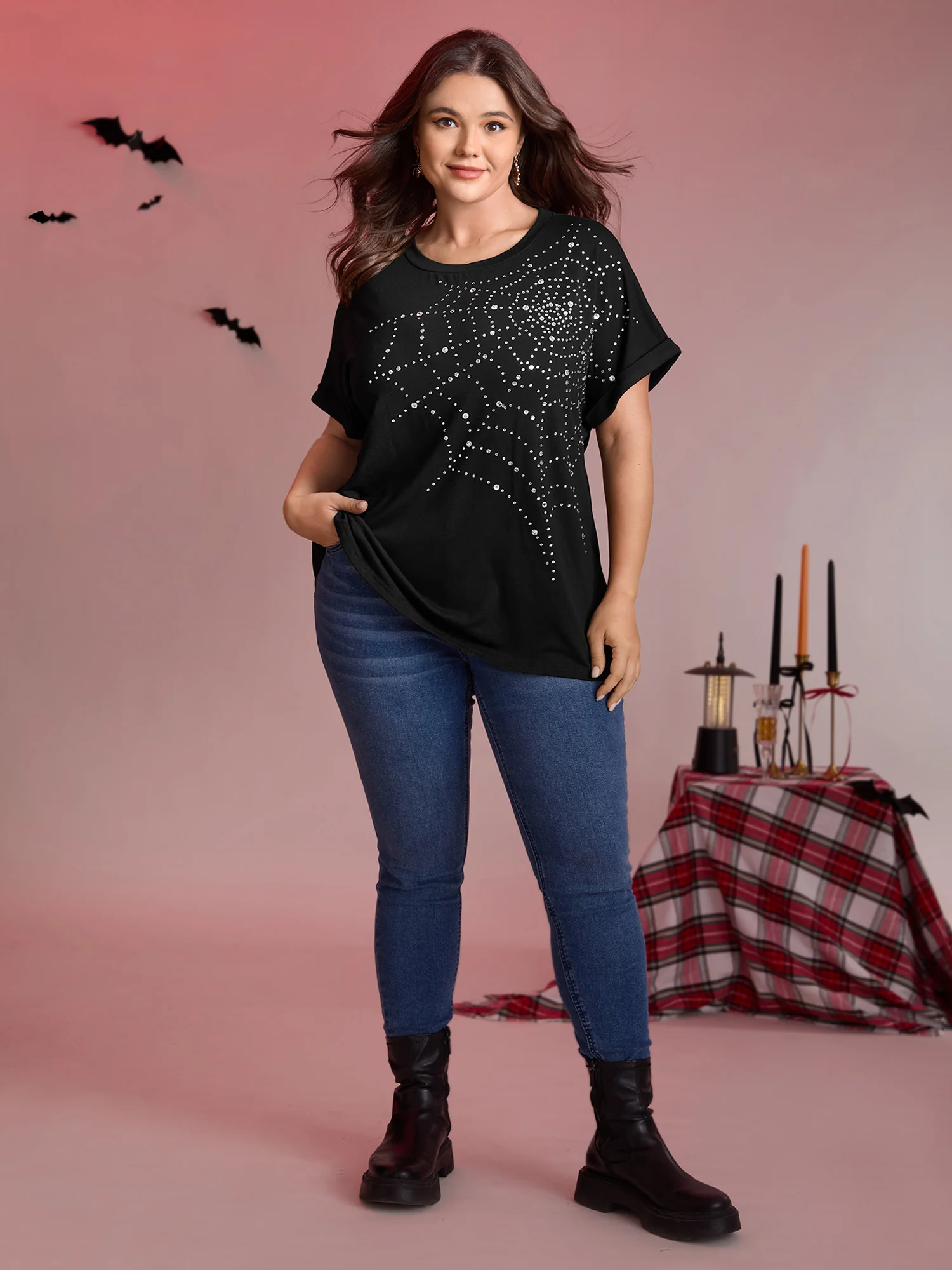 Spiderweb Rhinestone Stretchy Solid T-Shirt - Image 3